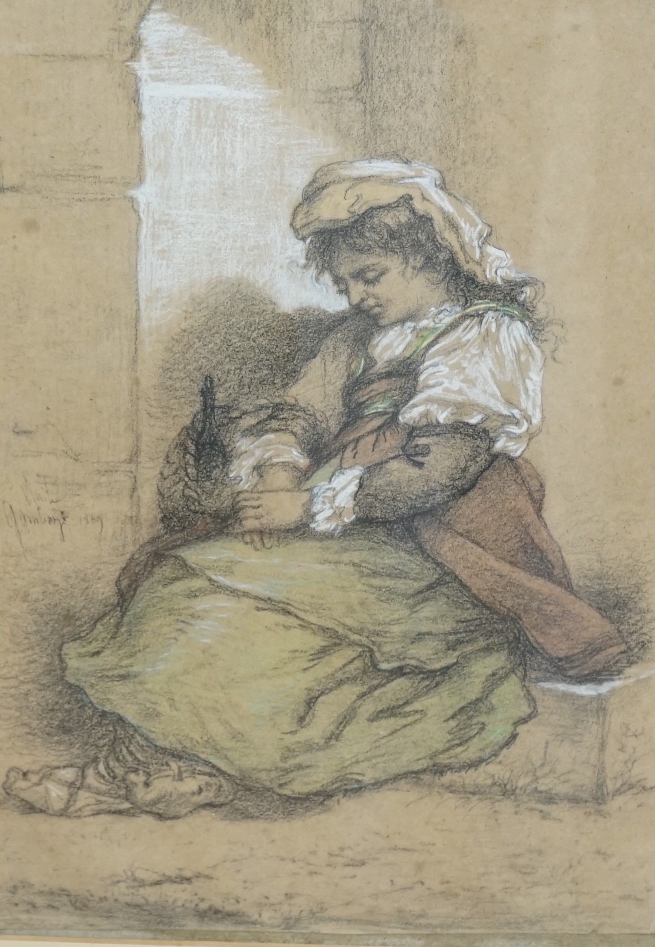 Emile Garbet, charcoal and conté crayon, Seated Italian peasant woman, signed and dated 1869, 52 x 36cm